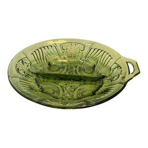 Vintage Indiana Glass Killarney Avocado Green Divided Relish Dish w Handle